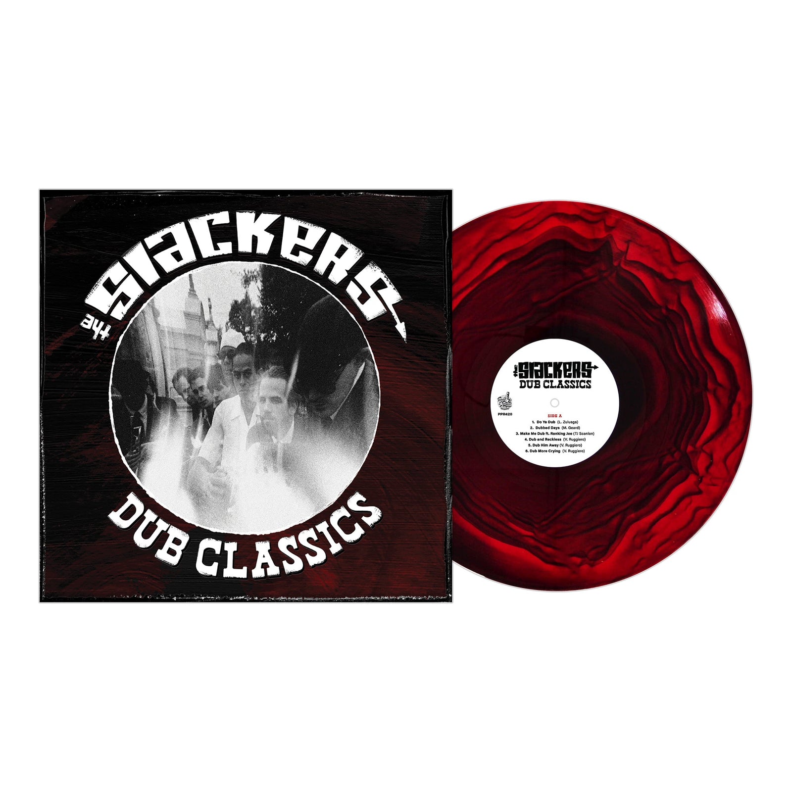 A red and black marbled vinyl record from The Slackers sits next to its cover, which boldly reads The Slackers Dub Classics and features a black-and-white photo of the band—a nod to Jamaican music and dub mixing.