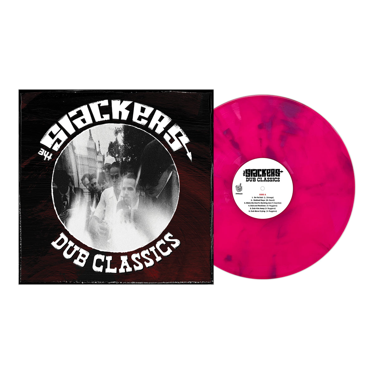 A pink and black marbled Vinyl LP from The Slackers sits next to its cover, featuring a black-and-white band photo and bold “Dub Classics” text.