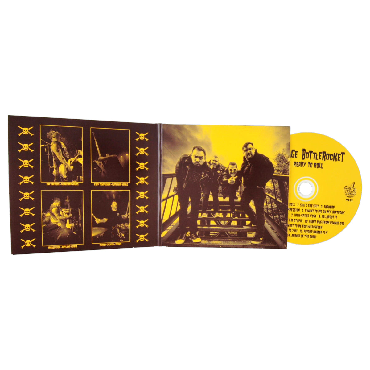 An open CD case for Teenage Bottlerocket’s Ready to Roll displays band photos left, a group shot center, and a yellow disc with black text and skulls—recorded at The Blasting Room—on the right. Brand: Teenage Bottlerocket.