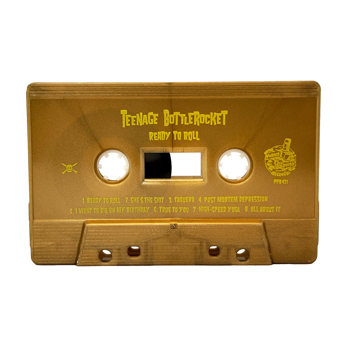 A gold cassette tape by Teenage Bottlerocket titled &quot;Ready to Roll,&quot; features a yellow tracklist and small illustrations on a white background.