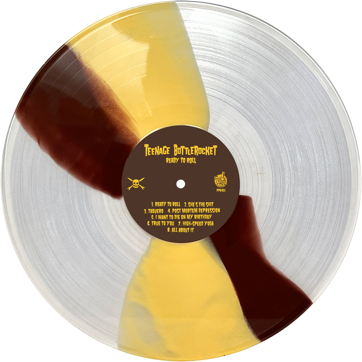 This clear vinyl record by Teenage Bottlerocket features yellow and maroon sections with a brown center label displaying Ready to Roll and song titles in bold yellow text.