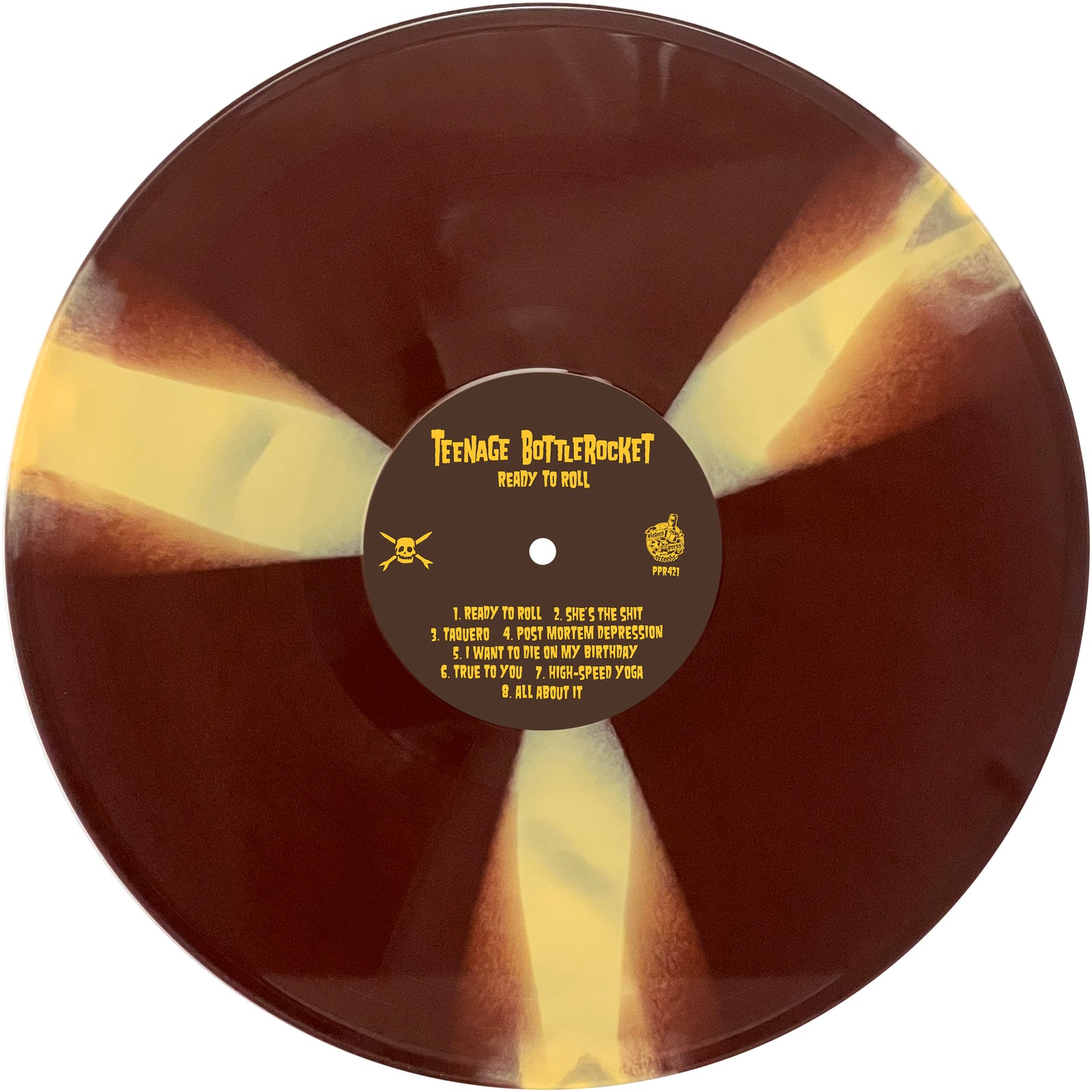 A marbled brown and yellow vinyl record from Teenage Bottlerocket. The center label says Ready to Roll, with song titles in bold yellow on the label.