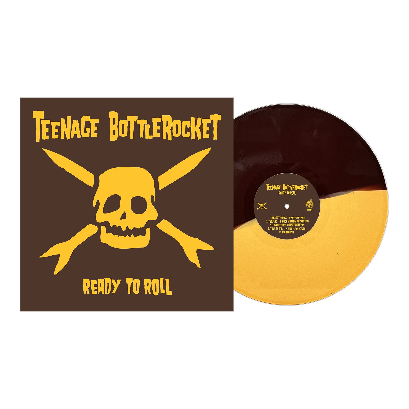 A half-brown, half-yellow vinyl record by Teenage Bottlerocket sits beside its album cover showing a yellow skull and crossbones with the text "Ready to Roll" on a dark brown background from Pirates Press Records.