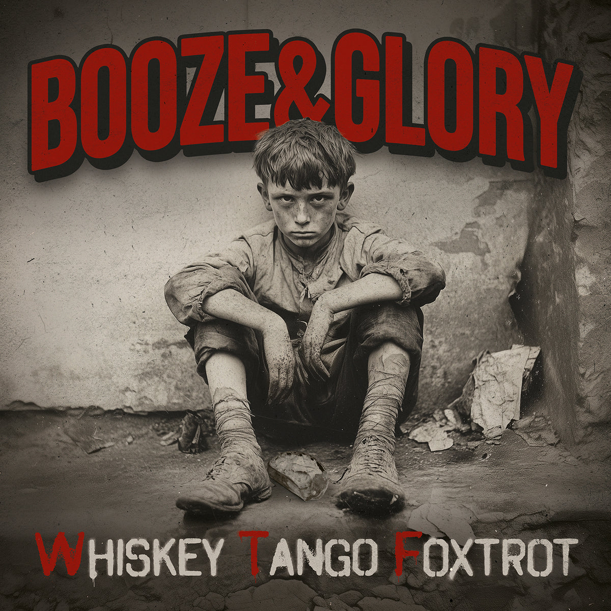 A black-and-white photo shows a dirty, barefoot boy against a wall, looking serious. “BOOZE &amp; GLORY” in bold red tops the image, with Whiskey Tango Foxtrot below—capturing gritty punk rock spirit from Booze &amp; Glory.
