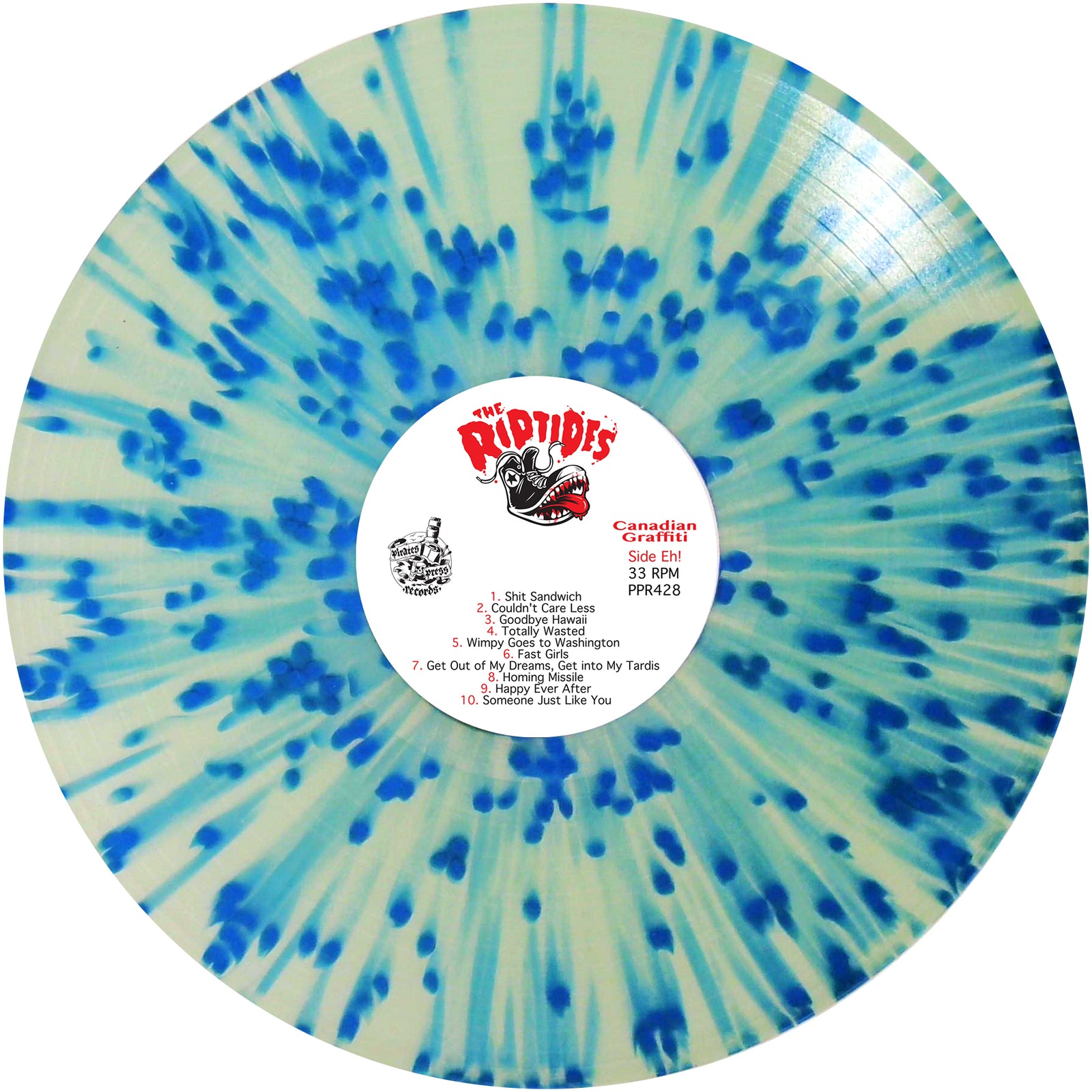 A blue and white splatter-patterned Canadian Graffiti vinyl with a central label showing a cartoon alligator head, tracklist, and The Riptides brand—ideal for fans of Ottawa’s pop-punk legends.