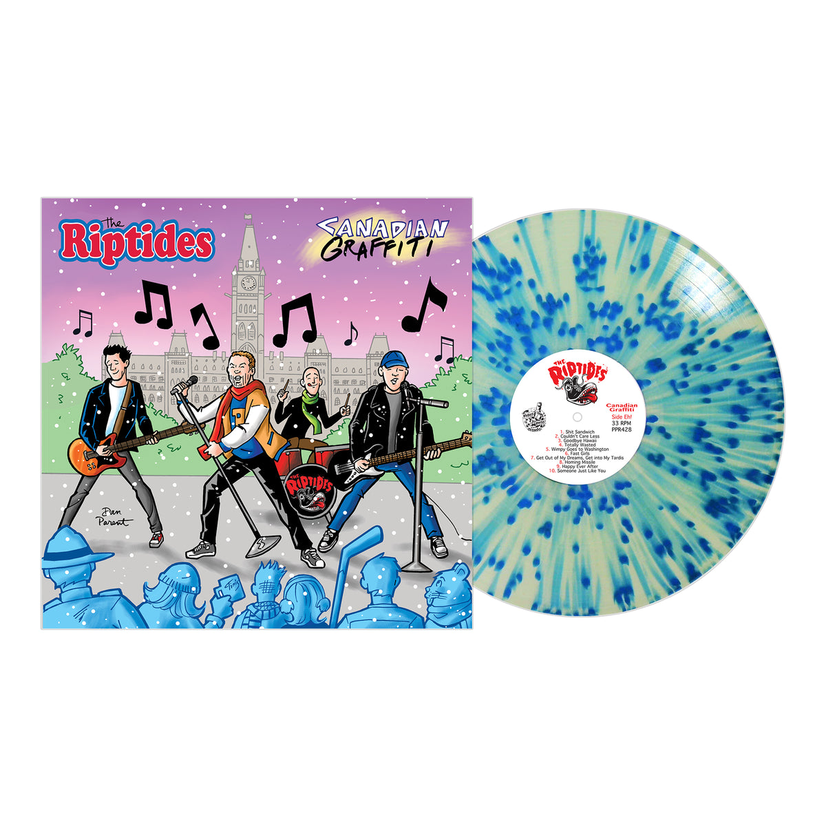 Ottawa pop-punk band The Riptides' "Canadian Graffiti" vinyl features a cartoon band with Parliament buildings backdrop on the cover and cream vinyl with a blue splatter design.