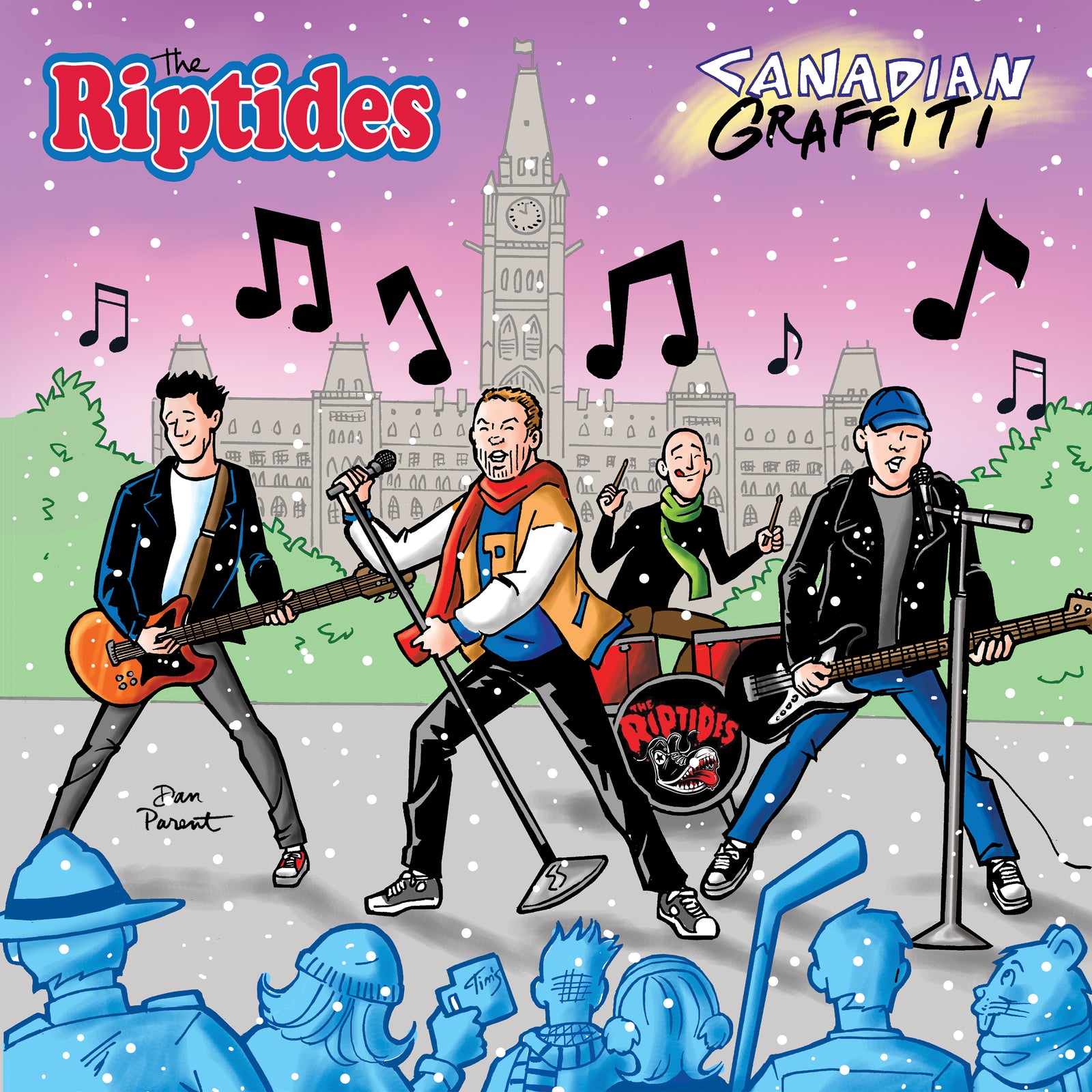 Ottawa pop-punk band The Riptides plays outdoors before Parliament in winter, musical notes fill the air and the crowd cheers. Above, their name The Riptides and their Canadian Graffiti vinyl album title are displayed.