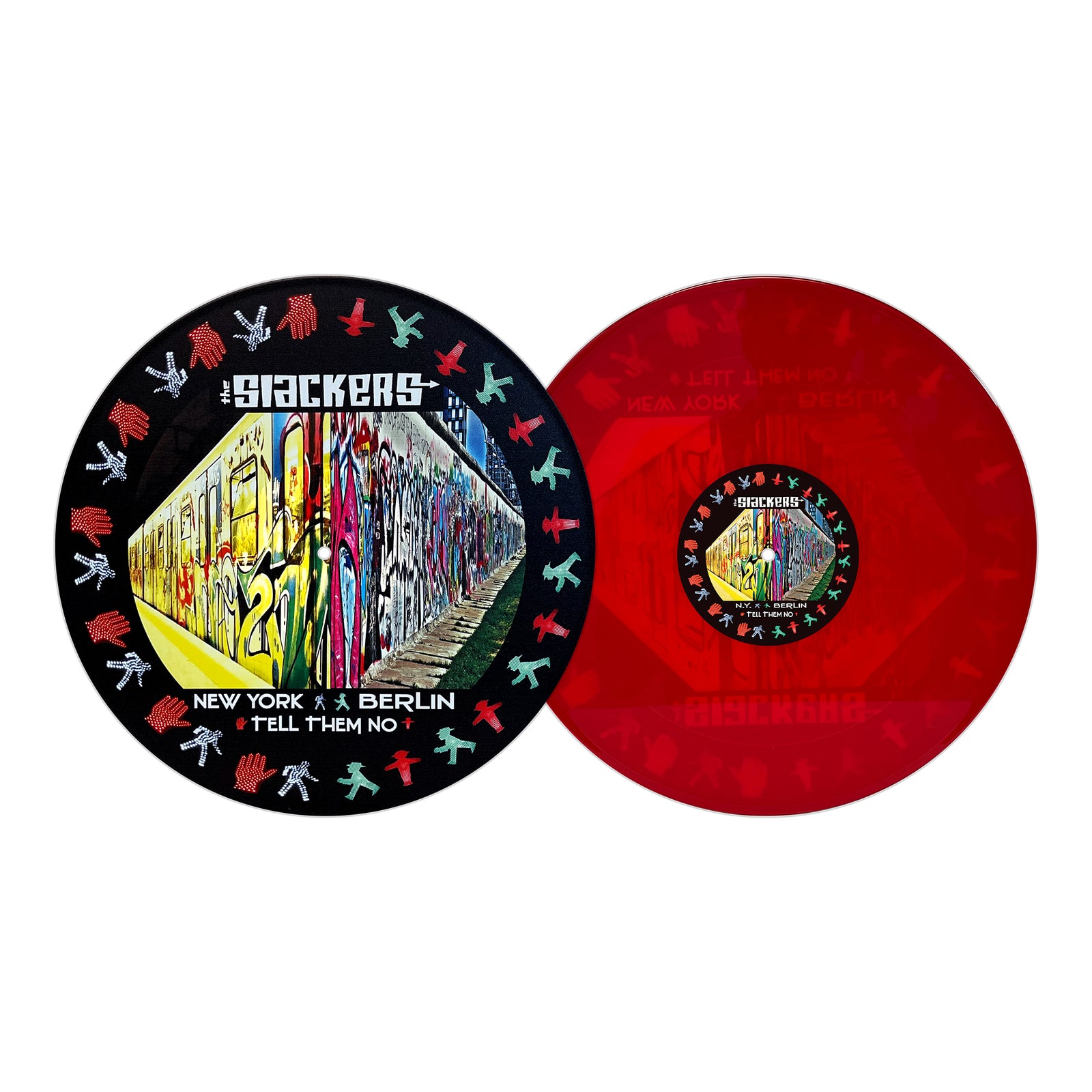 Two vinyl records by The Slackers are shown: one with colorful graffiti art of a subway train, labeled "New York * Berlin, Tell Them No," and another in translucent red UV digitally printed vinyl featuring the same central artwork.