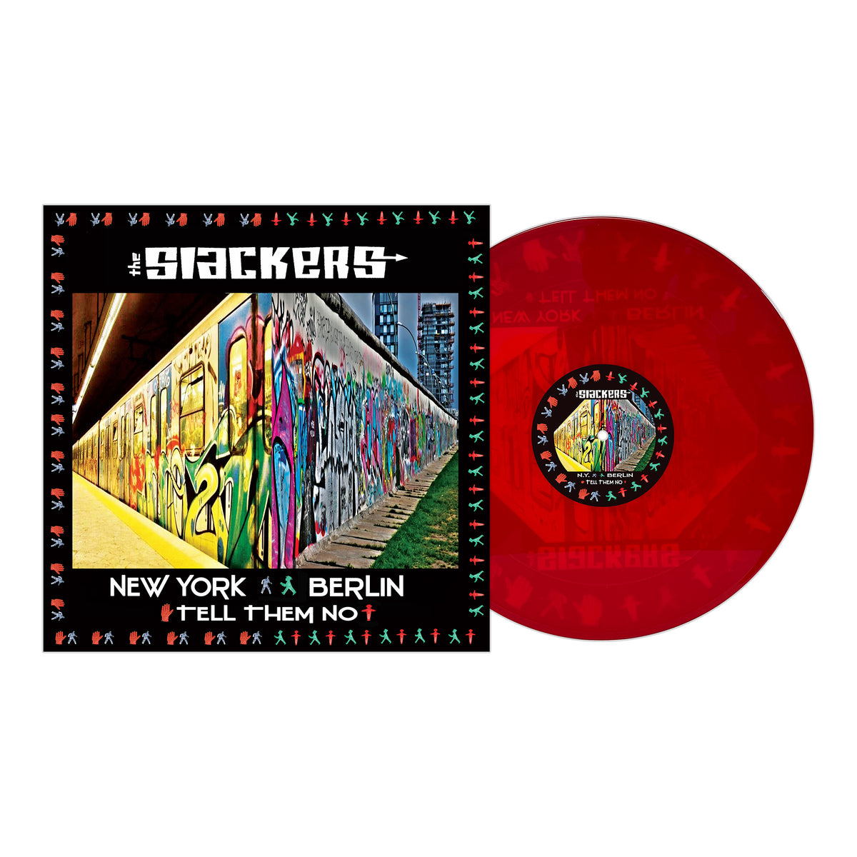 The Slackers' red UV-printed vinyl, “New York Berlin / Tell Them No 1,” glows beside a graffiti subway and city skyline, capturing NYC reggae vibes. Album cover features bold urban art. Brand Name: The Slackers.