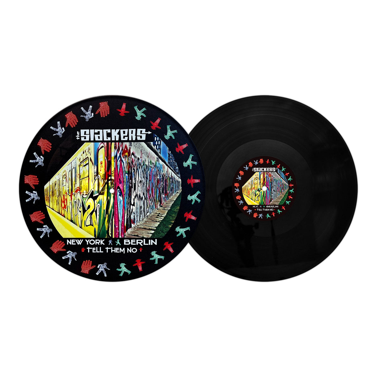 Two 12” UV digitally printed vinyl records by The Slackers—one with vivid NYC reggae graffiti of a subway train and the other solid black—both edged with colorful hands for vibrant, urban style.