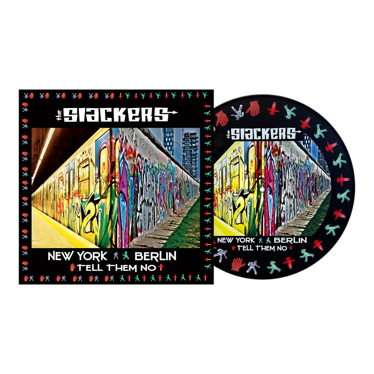 Album cover and disc for The Slackers’ release, New York Berlin Tell Them No 1, showcases a graffitied subway train and colorful icons on a black 12” UV digitally printed vinyl.