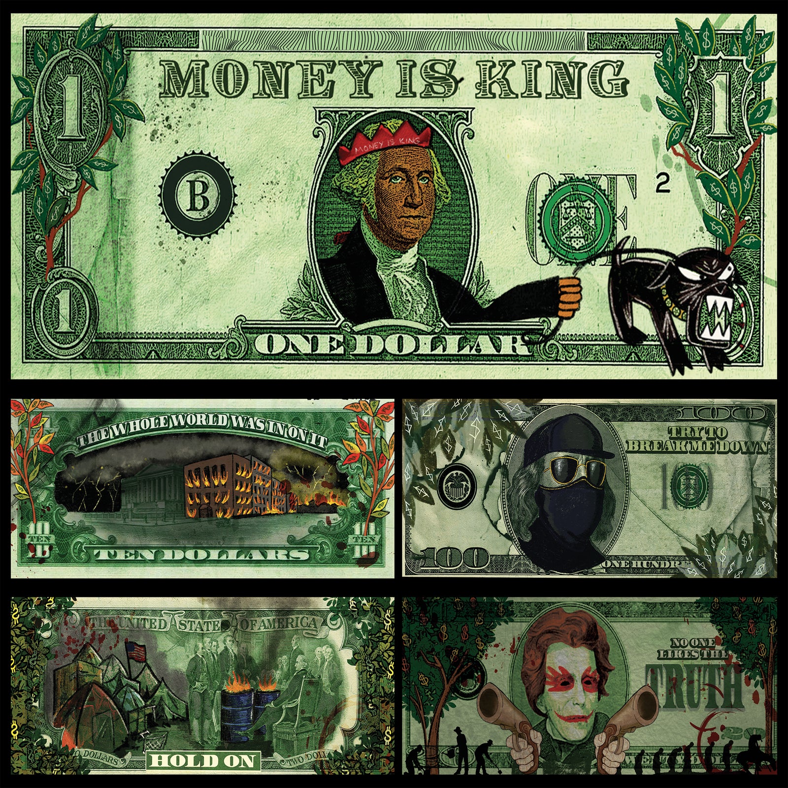 A collage of altered U.S. currency: crowned Washington and snarling cat on a dollar, chaos and fire on a ten, “Money is King” echoing The Slackers’ style, with masked figures and Joker-like faces—green money reimagined by The Slackers.