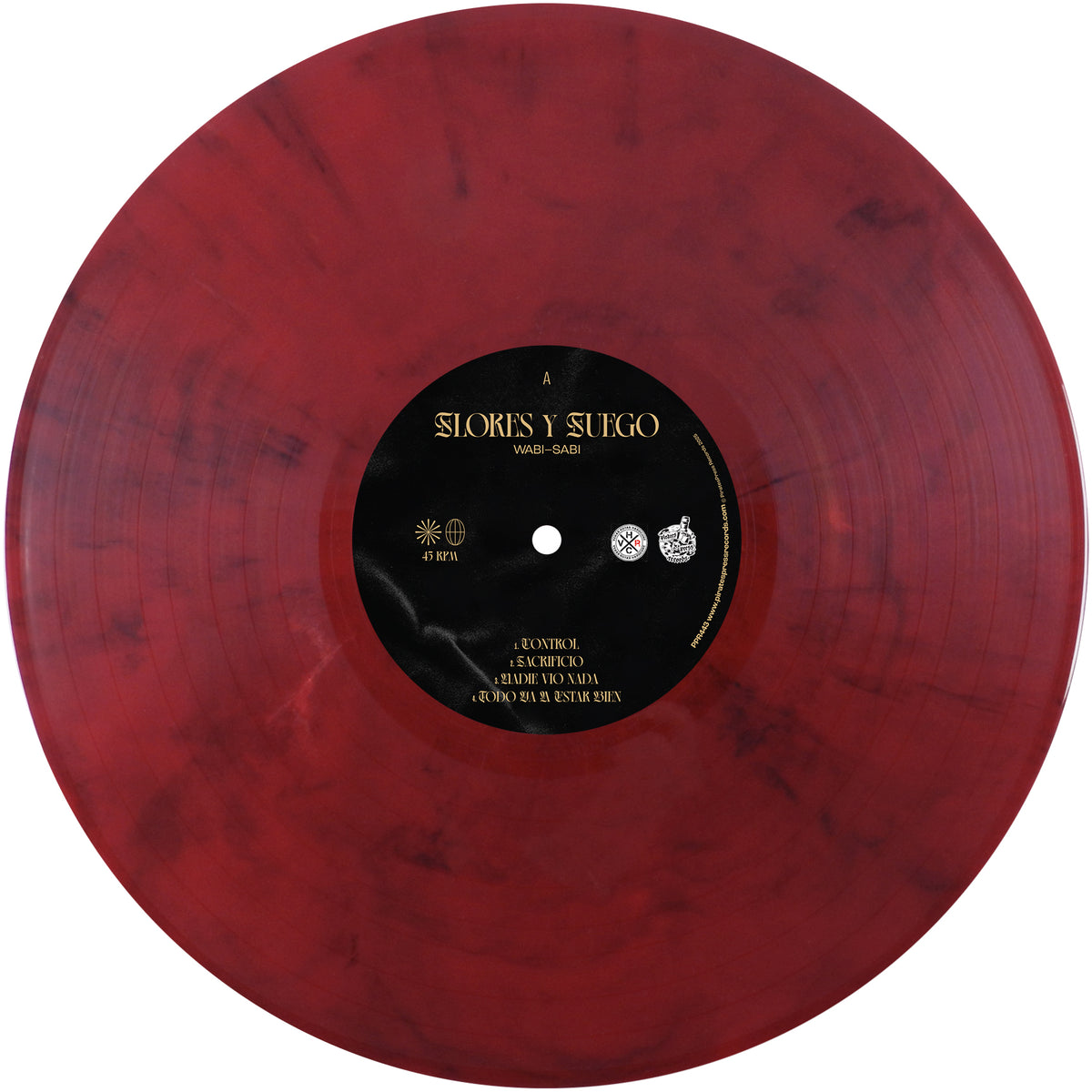 A red marbled vinyl from Flores Y Fuego with a black center label reading &quot;Sloris y Sugo Wabi Sabi,&quot; featuring gold and white logos and tracks. The swirling color pattern reflects hardcore punk energy.