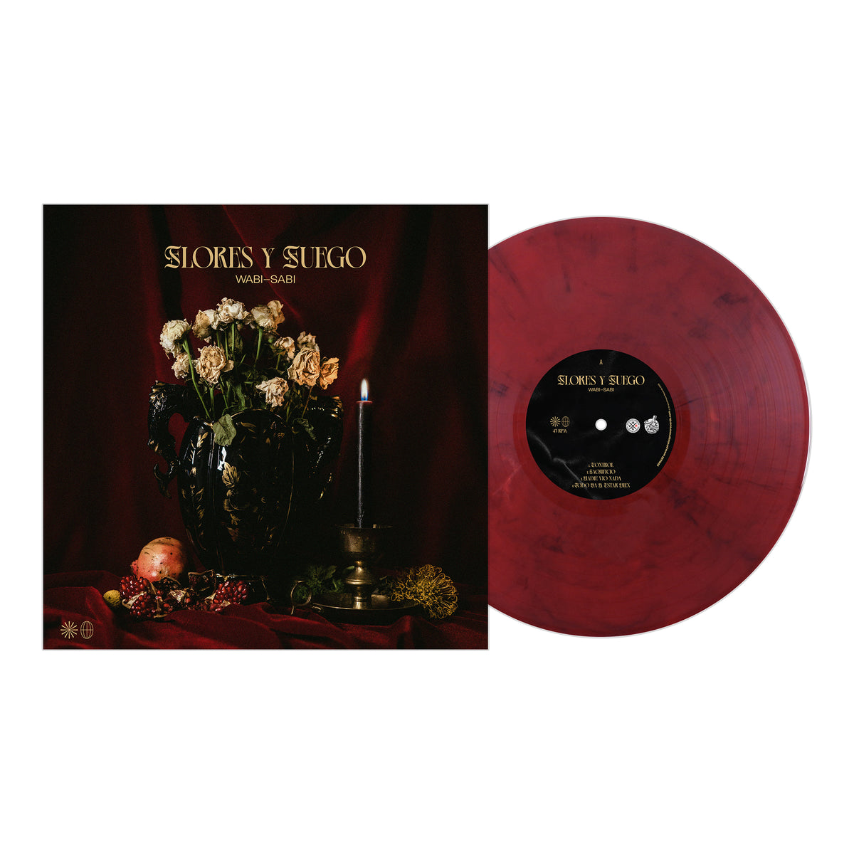 A marbled red vinyl record by Flores Y Fuego sits beside its album cover, which displays a dark still life and the text &quot;Slores y Sugo Wabi-Sabi&quot;—a standout hardcore punk release from Pirates Press Records.