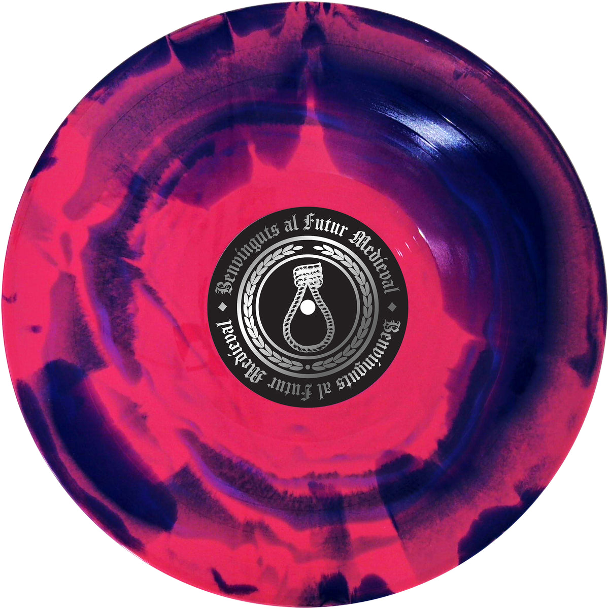 A marbled pink and dark purple vinyl record from Crim features a center label with a black-and-white rope knot emblem and circular text: &quot;Bewiqius Al Futur Medieval&quot; from the Catalan punk band.