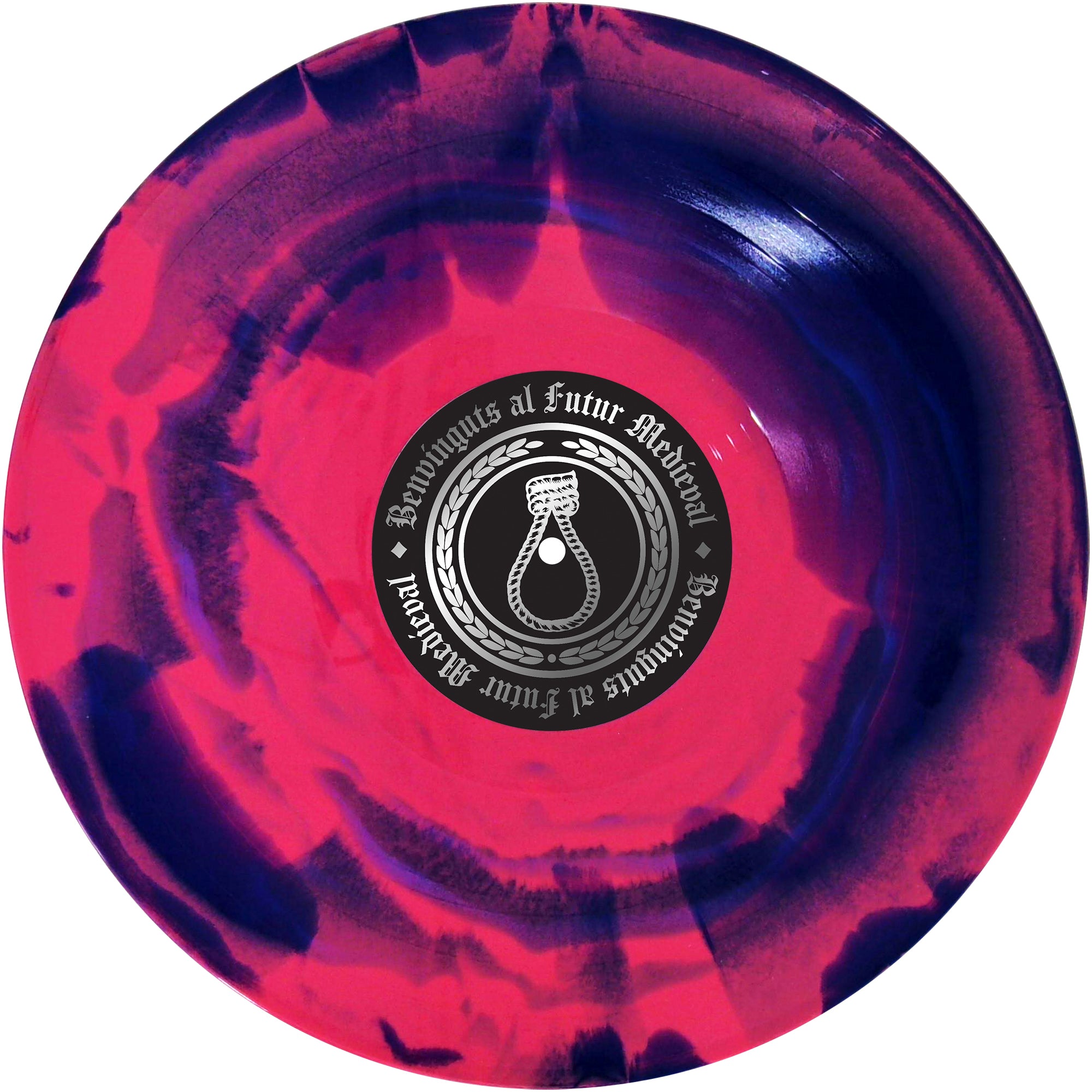A marbled pink and dark purple vinyl record from Crim features a center label with a black-and-white rope knot emblem and circular text: "Bewiqius Al Futur Medieval" from the Catalan punk band.