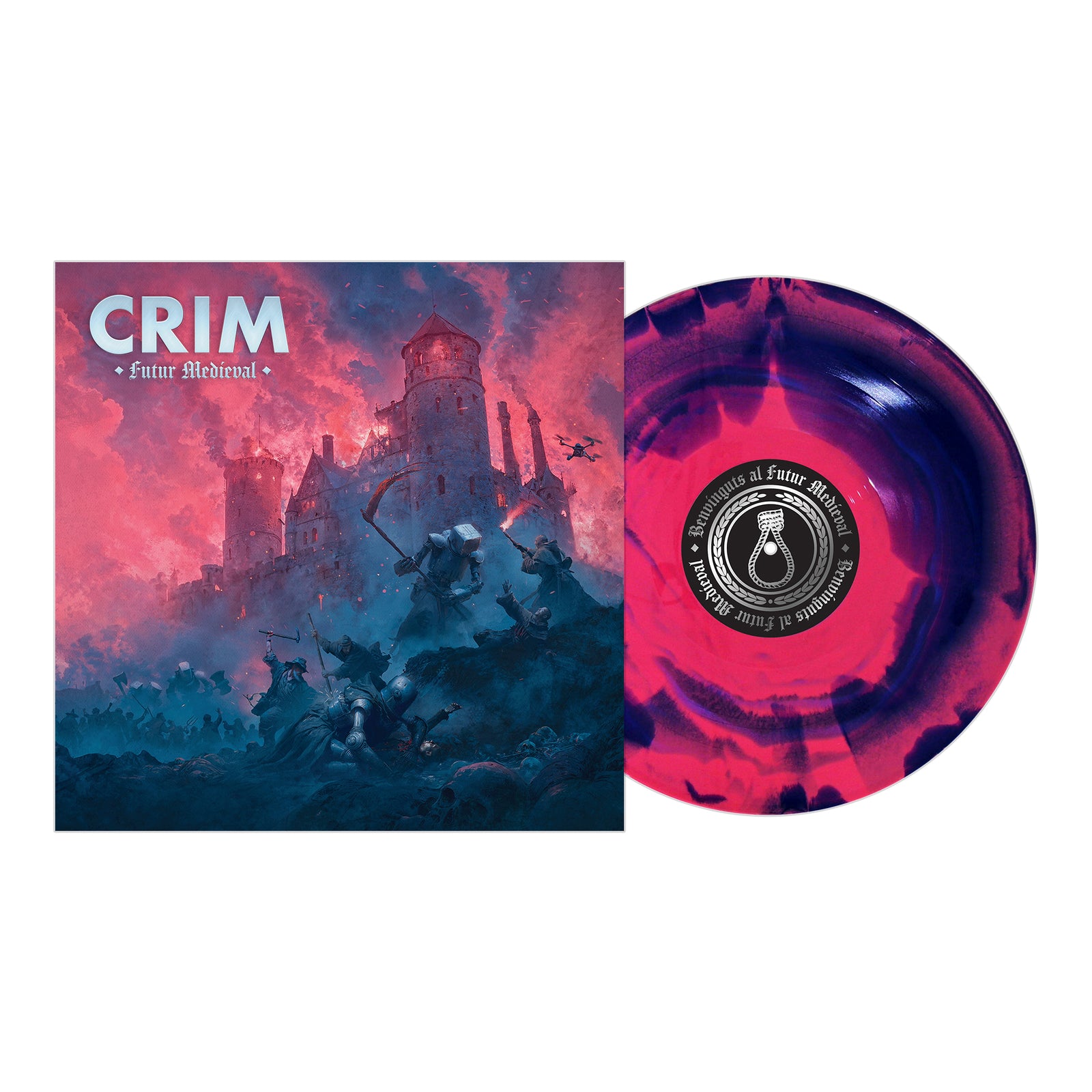 Crim’s "Futur Medieval" album cover features a dark castle under a pink and blue sky with knights clashing below. The marbled vinyl reflects these vivid colors and includes a bold black and white center label.