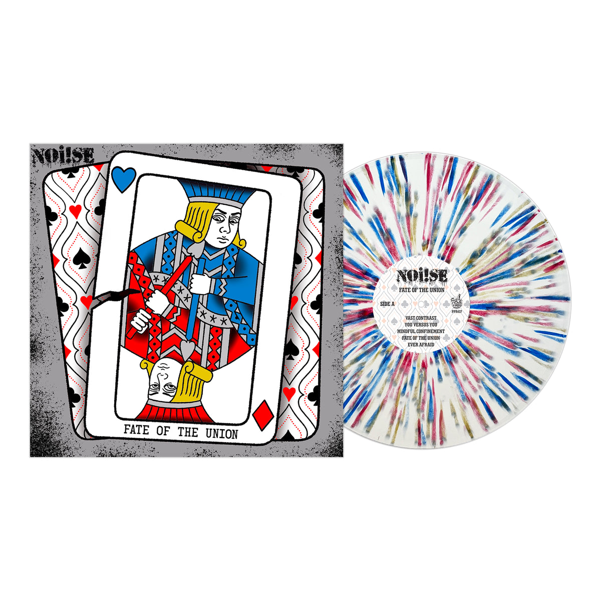 An illustrated album cover for NOi!SE's "Fate of the Union" shows a King of Hearts playing card beside a white vinyl splattered with red, blue, and black—released by streetpunk label Pirates Press Records.