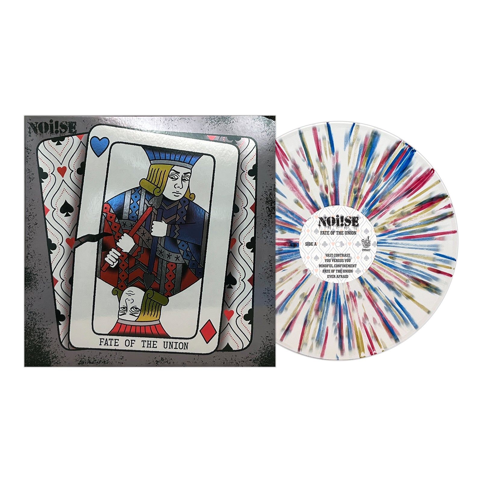 NOi!SE's Fate of the Union album features a punk rock cover with a king holding a club and heart, and comes on white vinyl with colorful streetpunk-inspired splatter patterns.