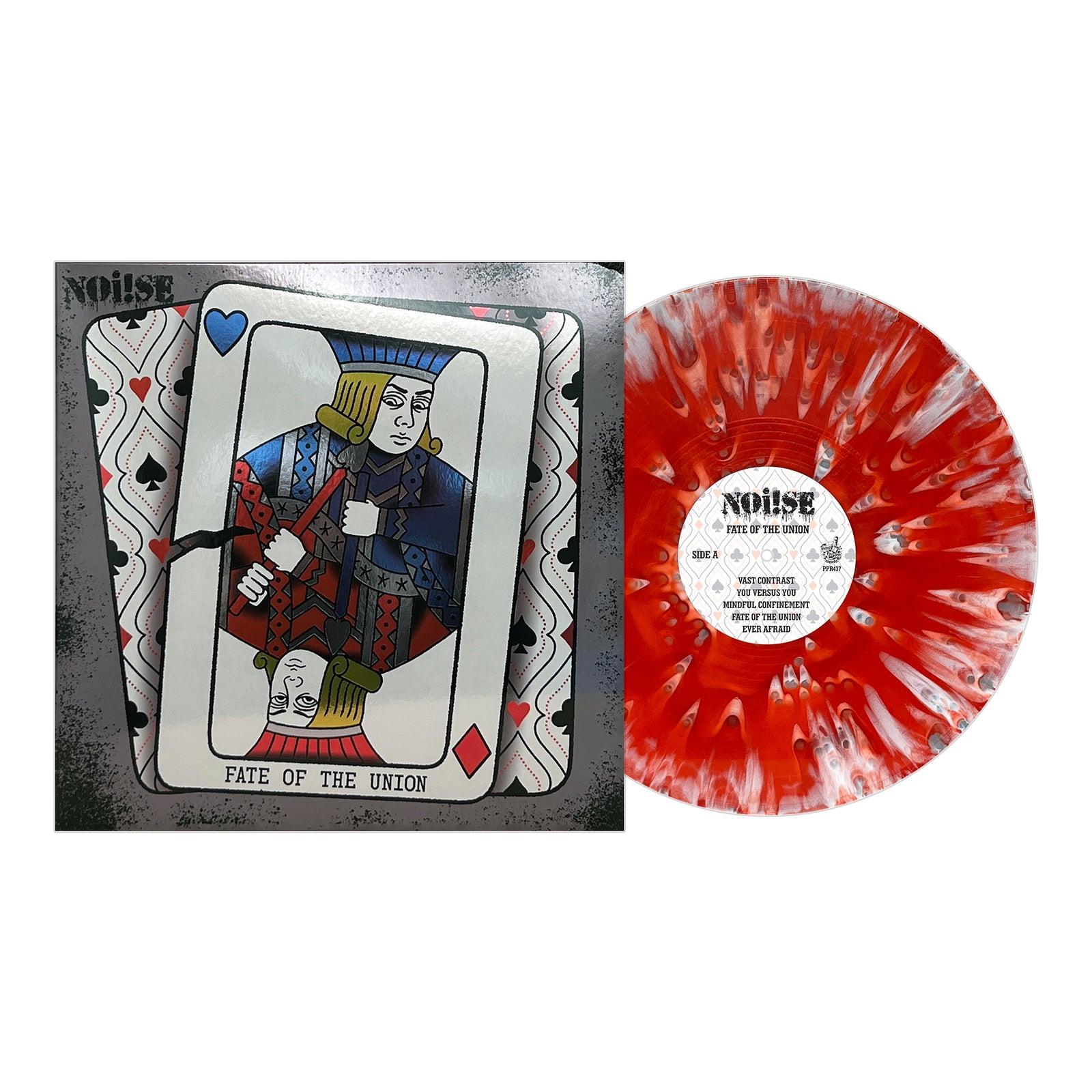 Vinyl record with red and white splatter design next to an album cover featuring a playing card with a king holding an axe, labeled Fate of the Union by punk rock band NOi!SE.