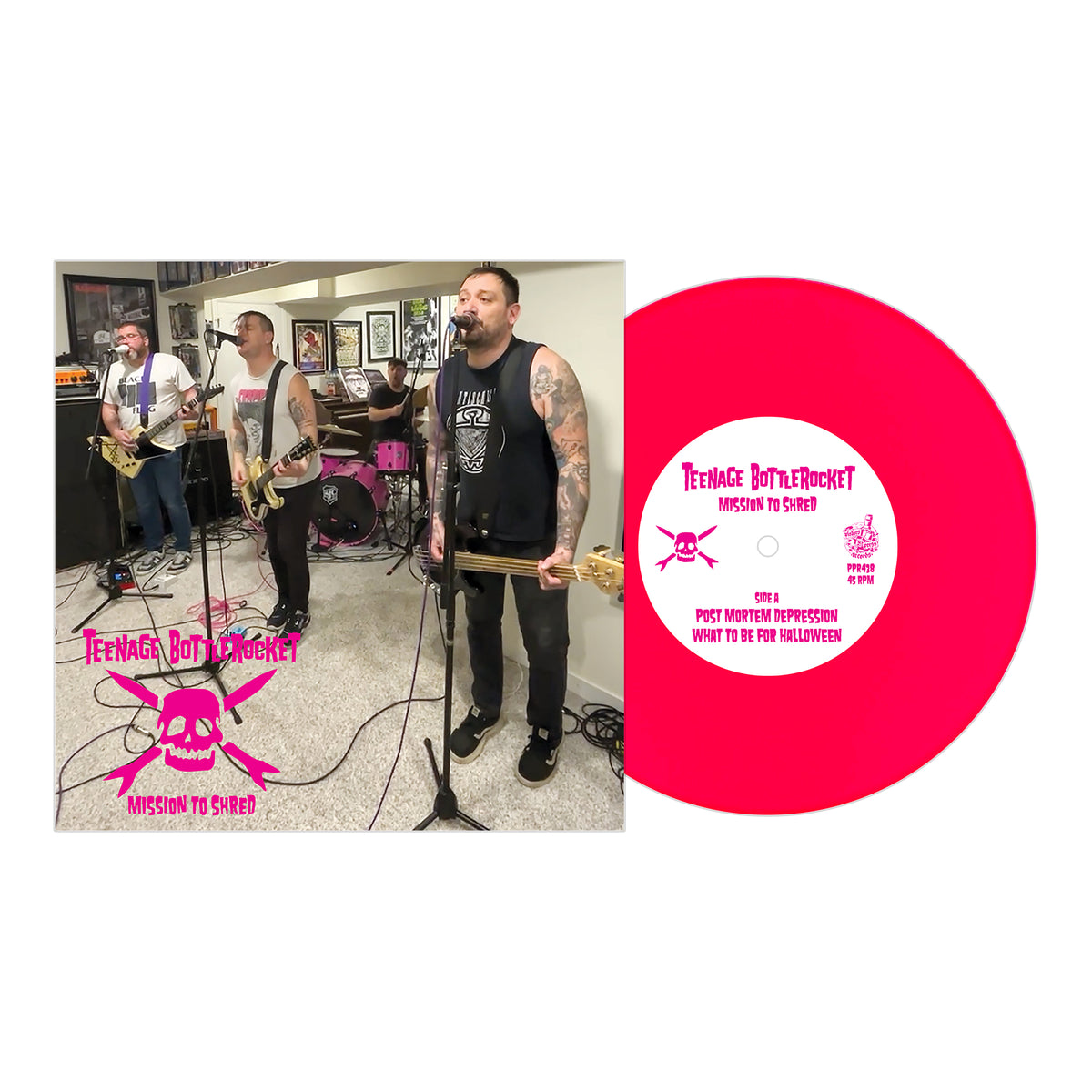 A punk band rocks out in a basement at Mission To Shred Studios, beside a bright pink Teenage Bottlerocket vinyl labeled “Mission to Shred,” featuring a skull and crossbones and the album’s tracklist.
