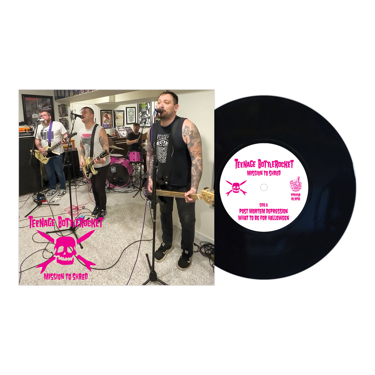 A punk band rocks a basement, fueled by Teenage Bottlerocket. Nearby sits their black vinyl—MISSION TO SHRED—with pink lettering and a skull graphic, channeling the raw energy of the band&#39;s iconic sessions.