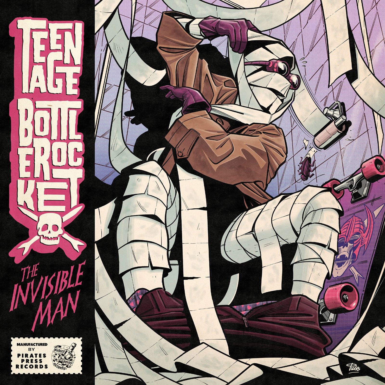 A comic-style cover features a mummy-like figure skateboarding with flying bandages. Pink accents and logos highlight the punk-inspired 7" vinyl design for Teenage Bottlerocket’s "The Invisible Man EP.