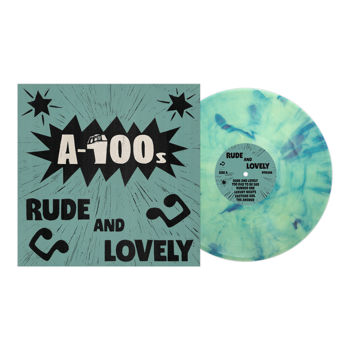 A teal vinyl with black splashes sits next to its album cover reading "A-100s Rude and Lovely" in bold text, featuring a car and starburst graphic—showcasing the A-100s debut album from the ska reggae band. Brand: A-100s.