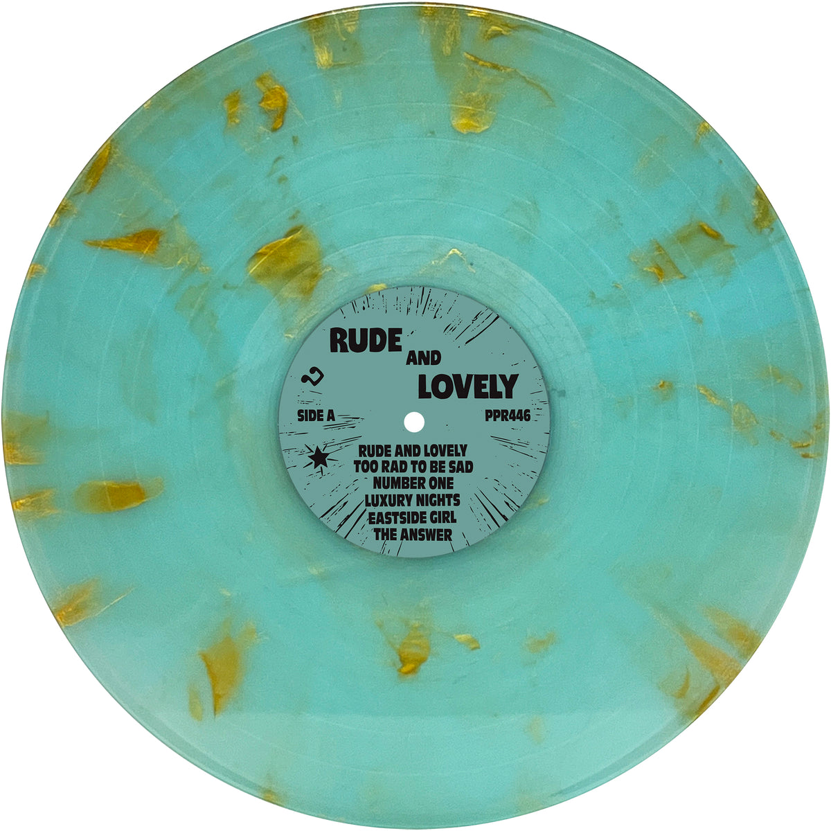 A marbled teal and gold vinyl record by the ska reggae band Rude and Lovely, with a center label listing tracks including Too Rad to be Sad, Number One, Luxury Nights, Eastside Girl, and The Answer.