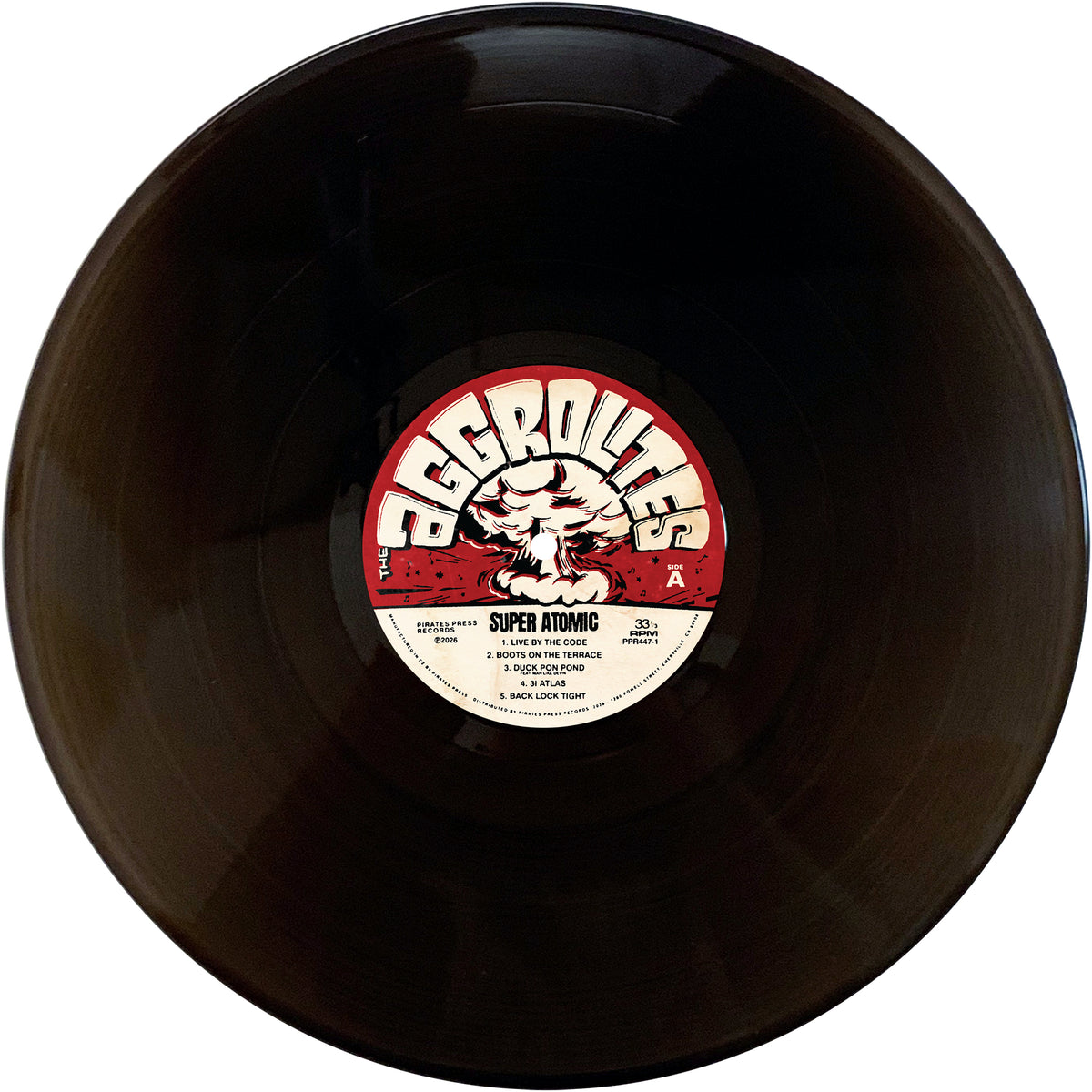 A black vinyl record with The Aggrolites' name on the central label, featuring Super Atomic album details, track listings, and a bold red-and-white design inspired by their Dirty Reggae style.