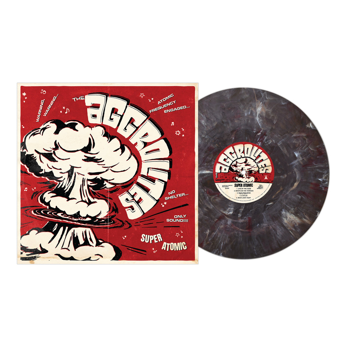 A marbled gray vinyl—The Aggrolites’ Super Atomic LP—lies by its cover, featuring a retro atomic design with cartoon explosion and bold red, black, and white text for this essential Dirty Reggae album.