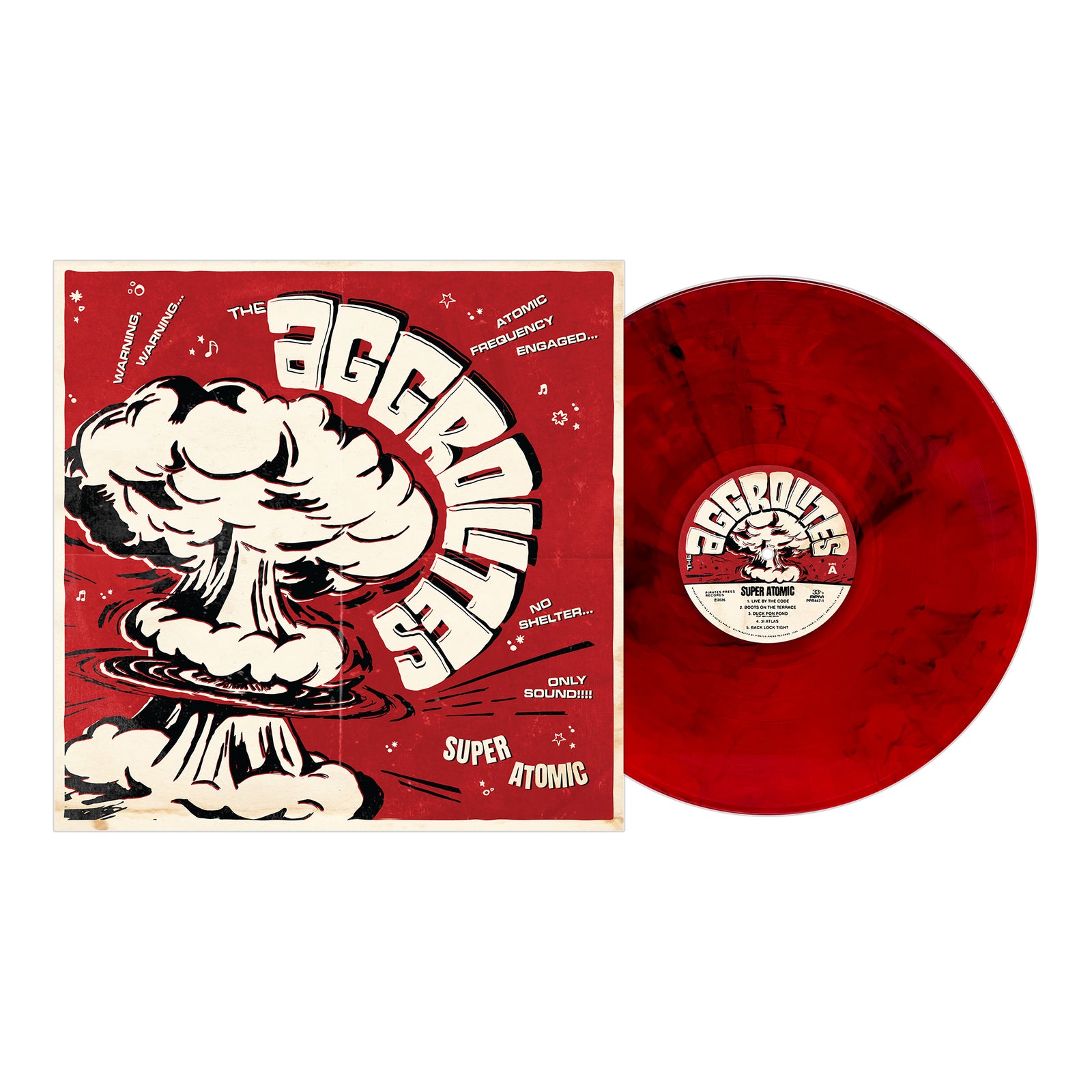A red marbled vinyl record and its cover. The cover shows a large cartoon atomic explosion, text reading The Aggrolites, and stylized comic book graphics in red, white, and black. This Super Atomic release captures the signature Dirty Reggae sound that defines The Aggrolites’ energetic style.