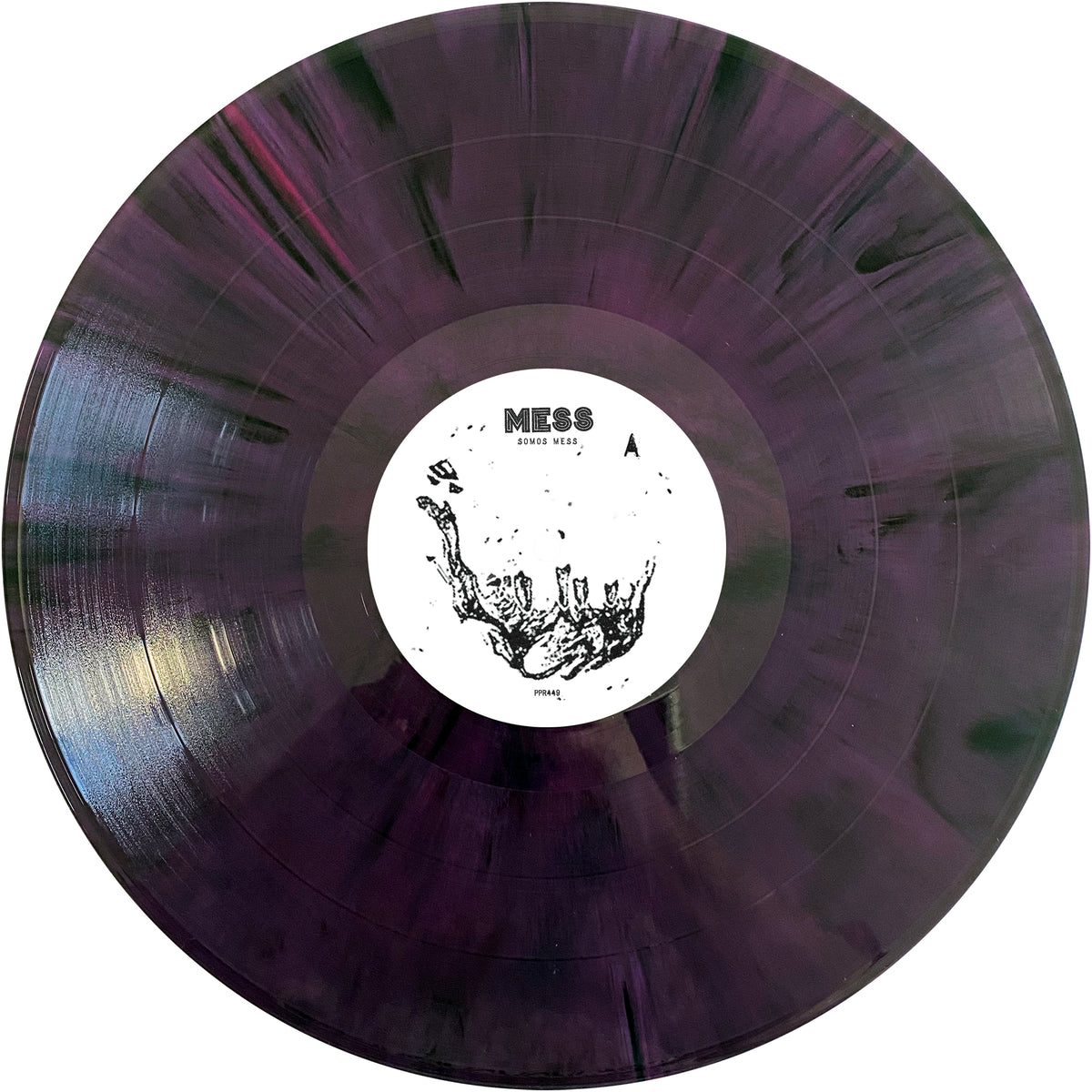 A black and purple marbled vinyl record from the Mess collection with a white center label reading "Mess," featuring abstract black hand artwork reaching upward.