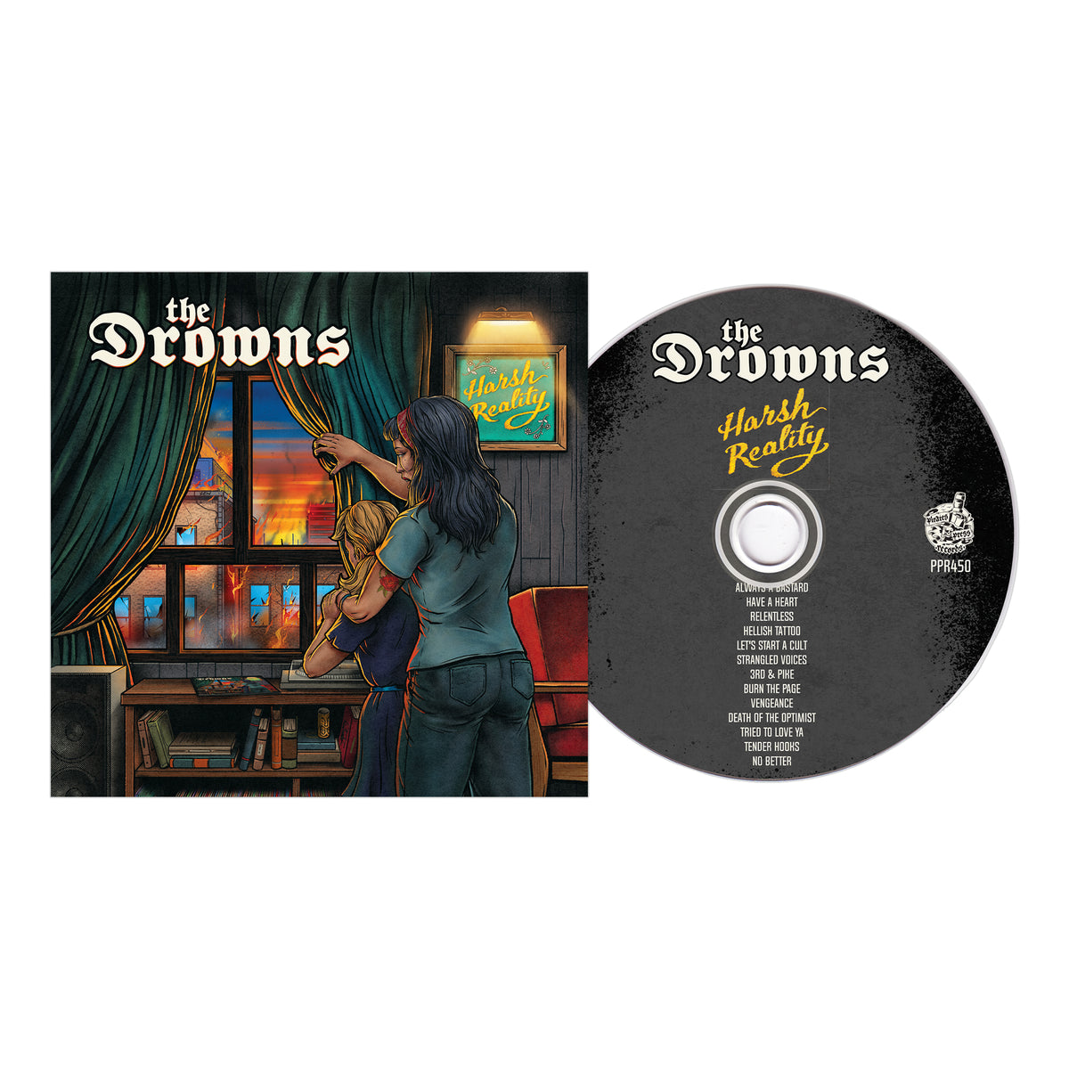 The Drowns’ "Harsh Reality" CD with cover art of two people at a window viewing a city sunset, one drawing curtains. The black disc lists tracks in yellow and white text.
