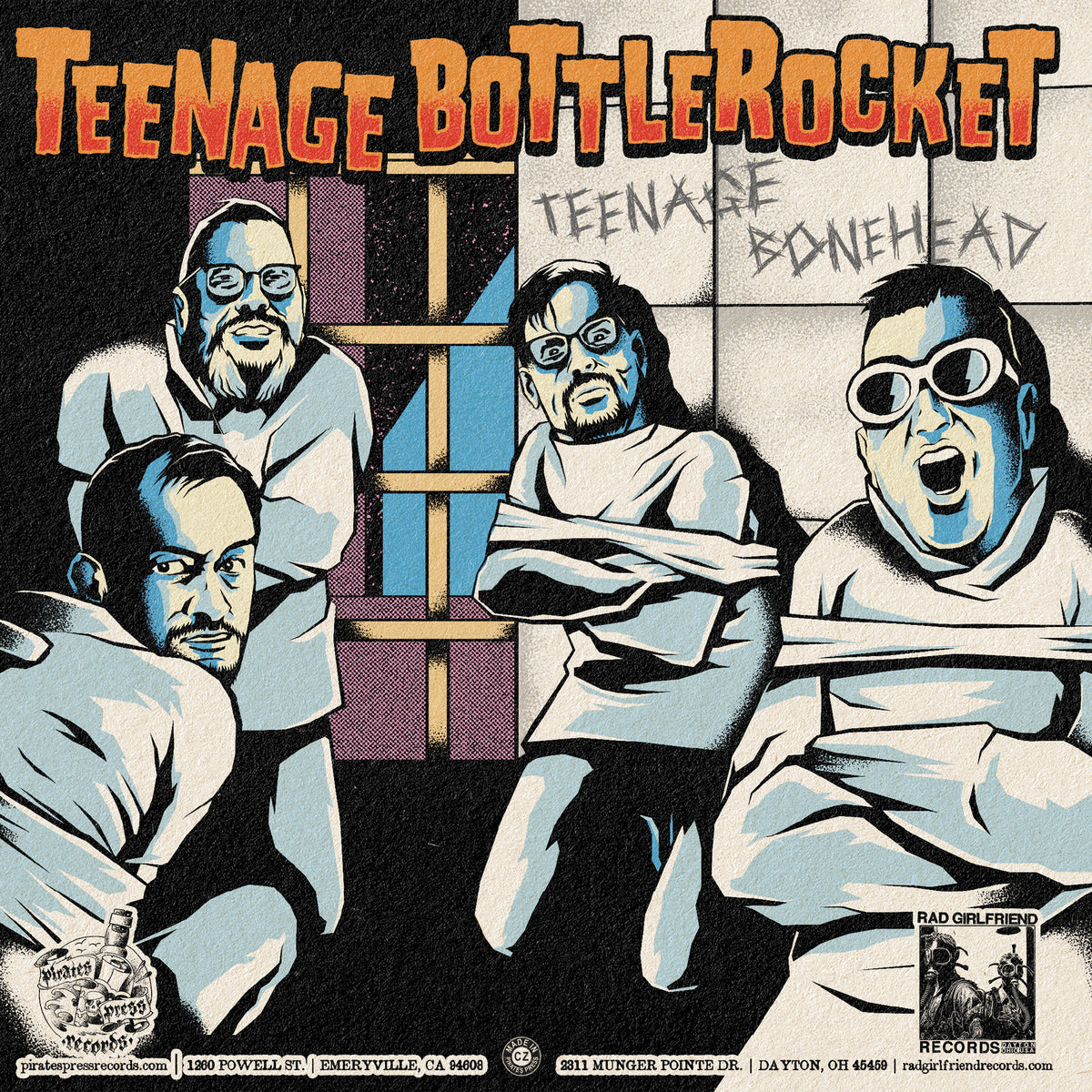 Four men in glasses and casual clothes pose comic book-style, "Teenage Bottlerocket" above them—great cover art for the band Teenage Bottlerocket.