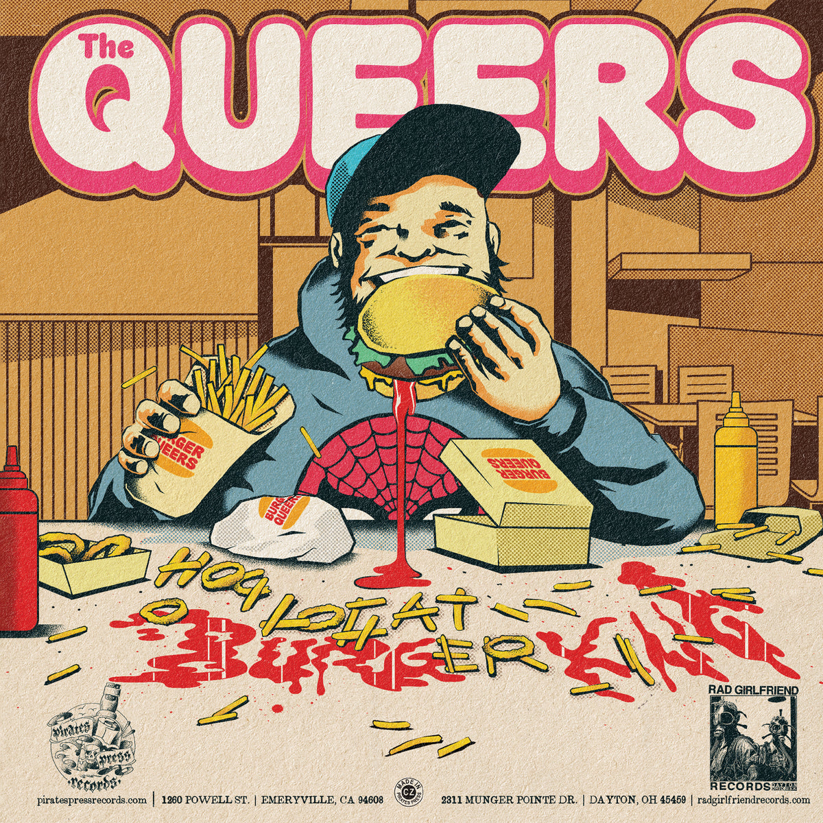 A cartoon man in a baseball cap and hoodie eats a big burger at a table with fries, burgers, drinks, and ketchup spelling “HOLY LATTE QUEER.” Teenage Bottlerocket is featured in bold pink letters above him.
