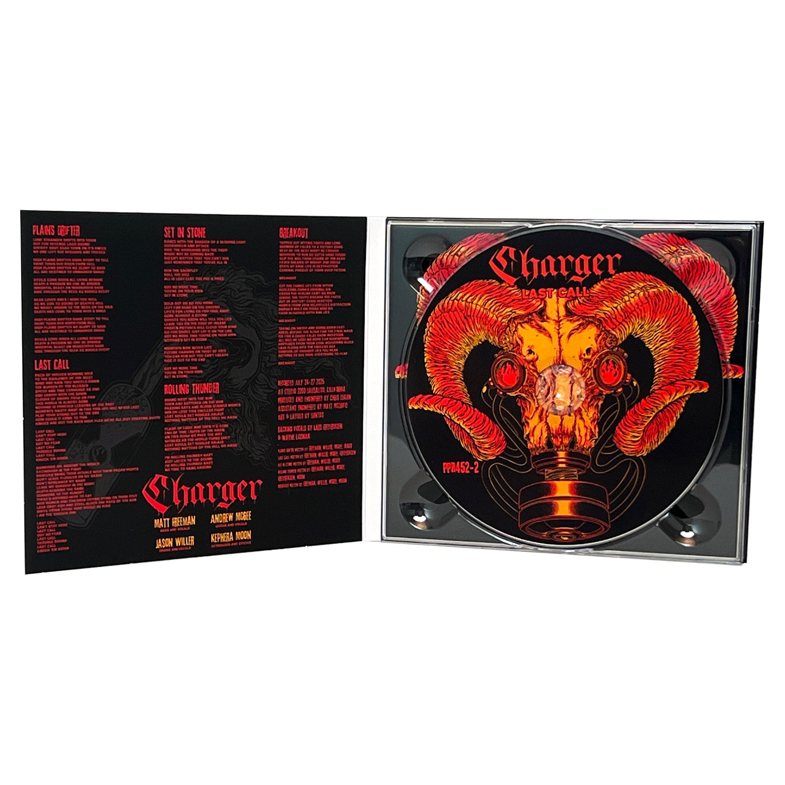 An open CD case for Charger’s “Warhorse” album—released by the brand Charger—displays red song lyrics on the left and a CD on the right, featuring fiery, stylized ram horns and a gas mask illustration set against a black background.