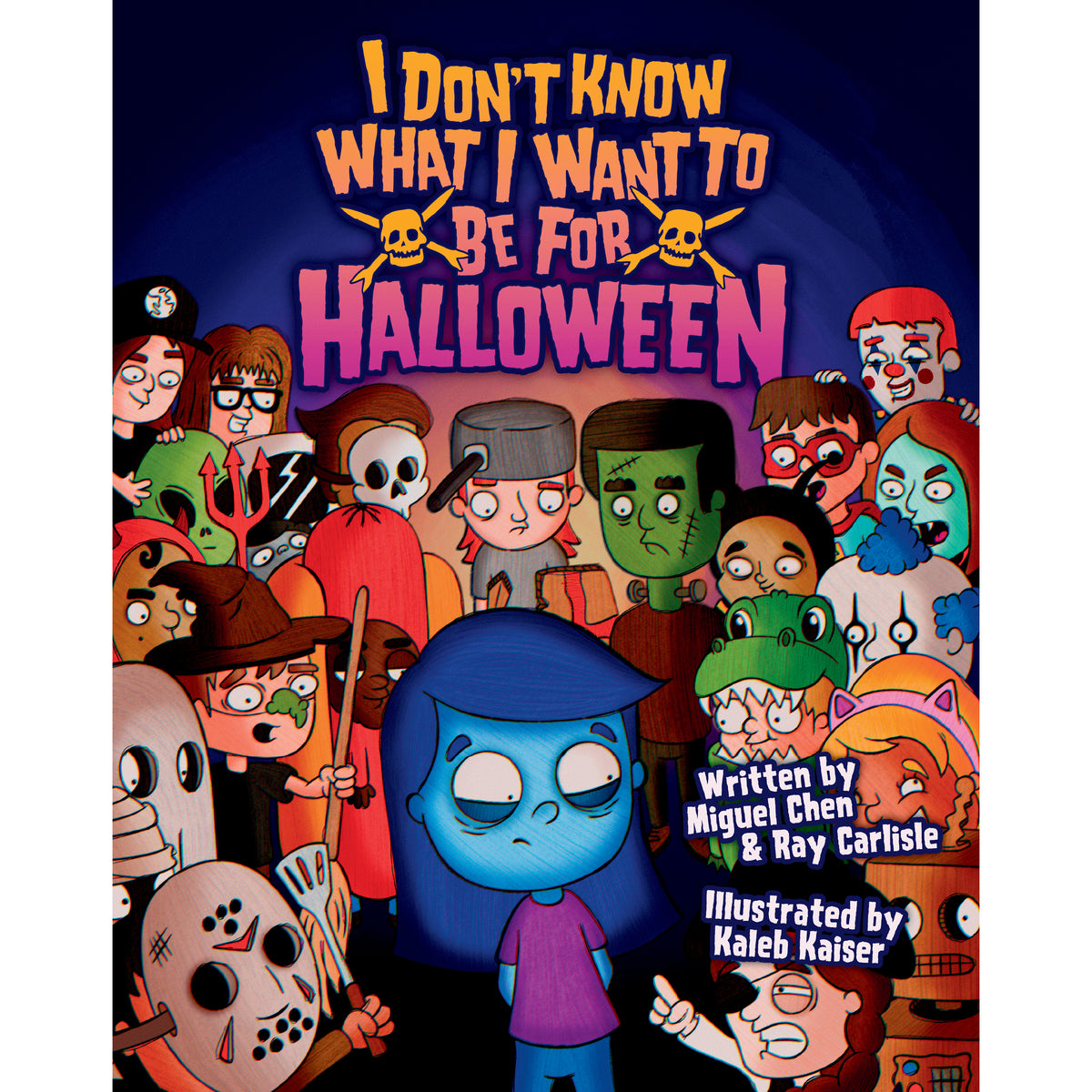 A blue-haired child stands unsure among kids in Halloween costumes, including a witch, mummy, skeleton, and dinosaur. The book title reads I Don’t Know What I Want to Be for Halloween—a delightful Halloween children’s book that captures the uncertainty and excitement of costume choices.