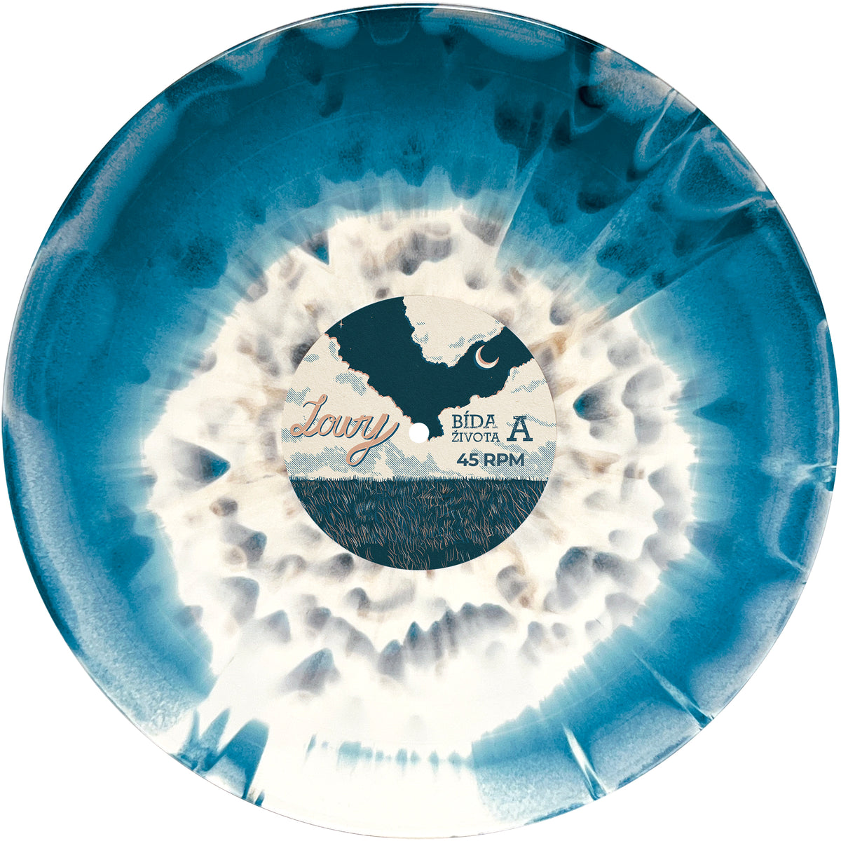 Blue and white marbled vinyl record from Czech melodic punks Loury, featuring a center label with a crescent moon over a landscape, the title Lesk A Bída Života, and 45 RPM text.
