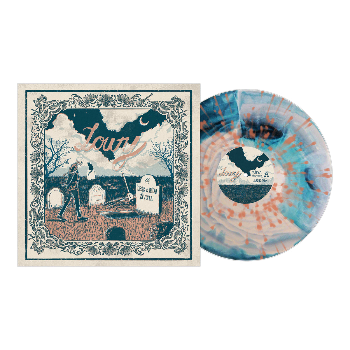 A vinyl record with blue, white, and orange marbling sits beside its cover, showing a person in a field by gravestones beneath Lovy—the Louty debut LP from Czech melodic punks on Pirates Press Records.