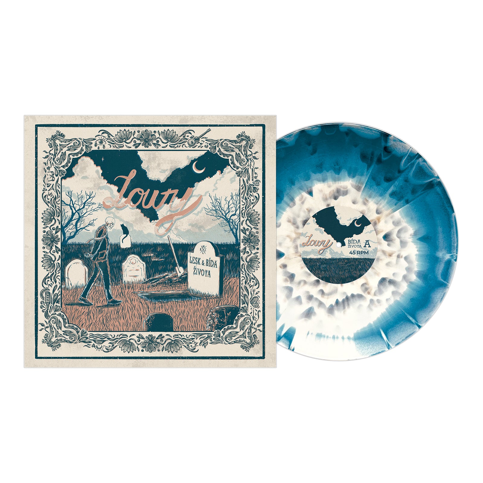 Vinyl record album featuring artwork of a skeleton walking through a graveyard, alongside a blue and white swirl vinyl disc from Pirates Press Records.