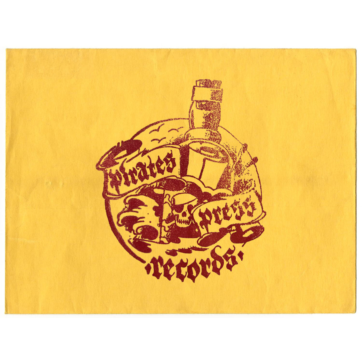 A yellow envelope from Pirates Press Records with a maroon design featuring a bottle, pirate hat, coins, and a banner—ideal for storing your Sticker Pack.