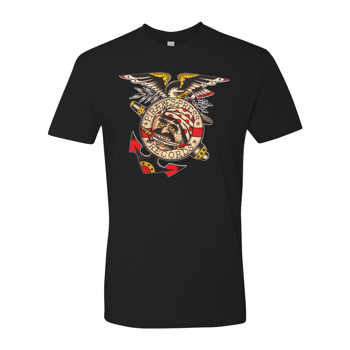 Black t-shirt with a colorful eagle above a Free Speech Records emblem, featuring a skull in a U.S. flag bandana and crossed arrows. Printed on premium Next Level 3600—quality you expect from Pirates Press Records.