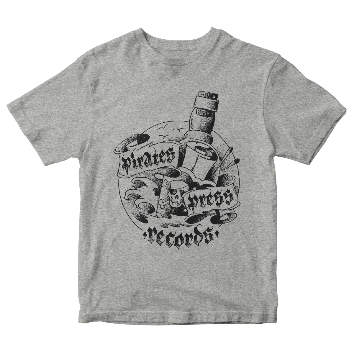 This grey unisex T-shirt by Pirates Press Records showcases a bold black graphic featuring a skull, coffee cups, donut, and waves, all surrounded by stylized Pirates Press Records text for a standout look.