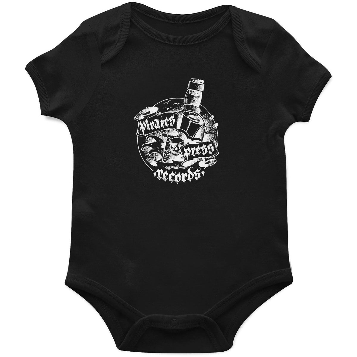 Pirates Press Records black baby onesie with a white graphic logo, ship, anchor, and pirate-inspired elements.