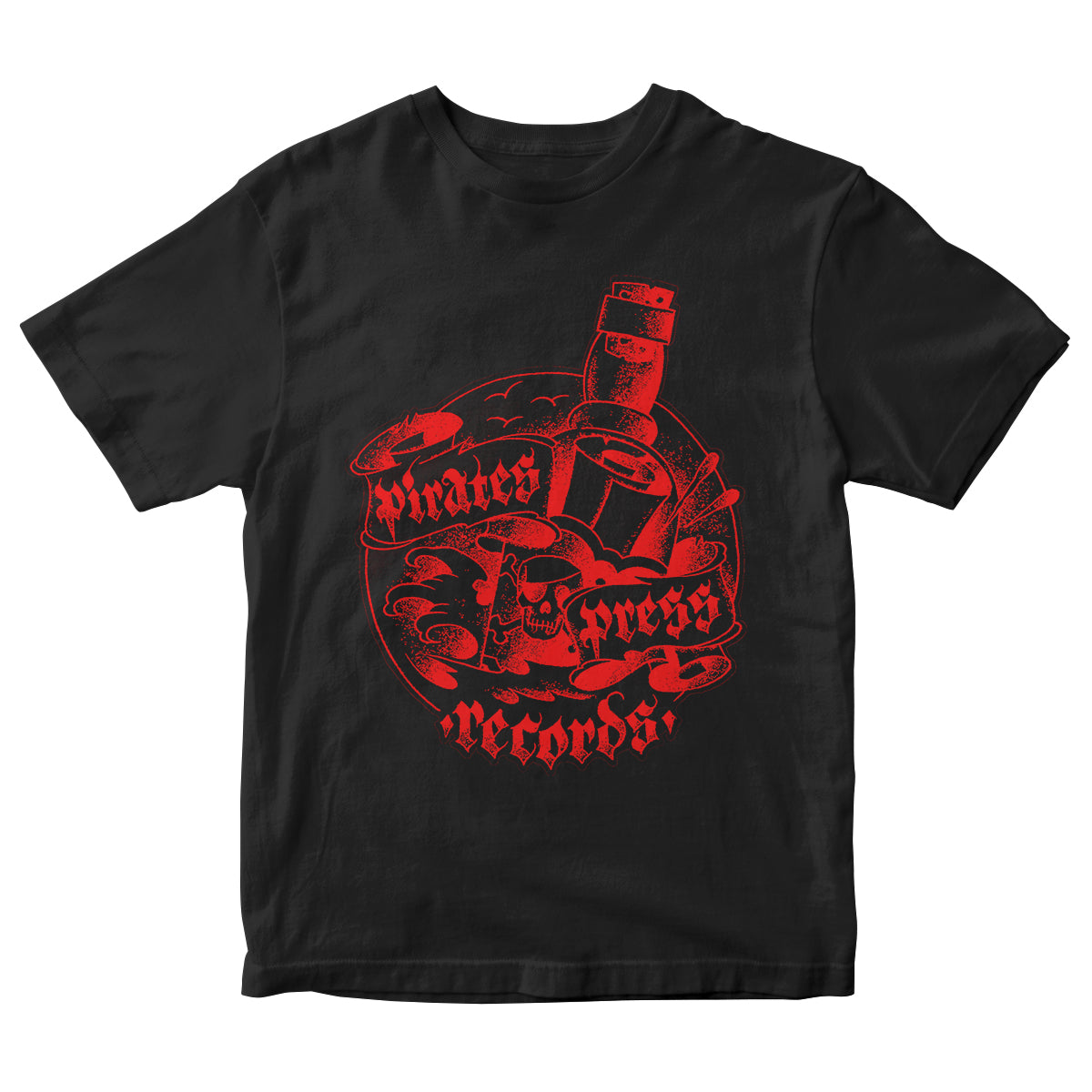 Black unisex T-shirt featuring a red pirate skull, crossed bones, ship in a bottle, and Pirates Press Records text in a stylized font. Printed on comfortable Gildan #2000 for lasting quality from Pirates Press Records.