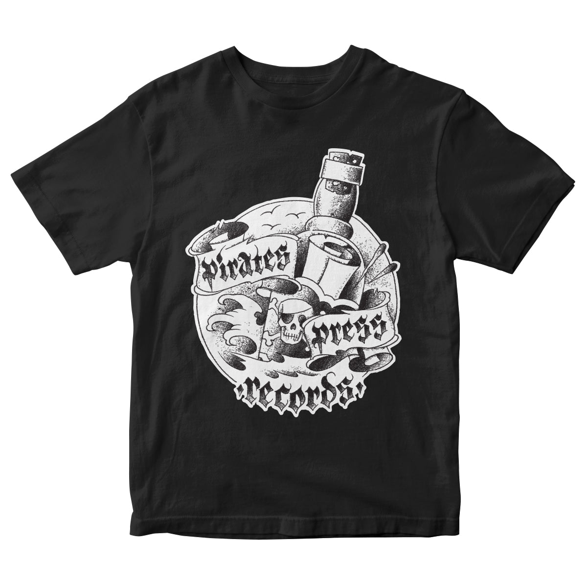 Black unisex T-shirt by Pirates Press Records featuring a white skull, vinyl record, mic, and spray paint design. Pirates Press Records is printed in stylized letters on classic Gildan 2000 fabric for comfort.