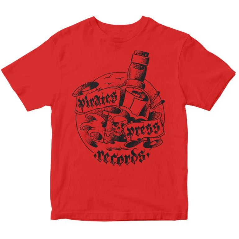 A red unisex T-shirt by Pirates Press Records with a black skull in a pirate hat, crossed bottles, vinyl record, and bold logo. Printed on soft Next Level fabric for comfort and style.
