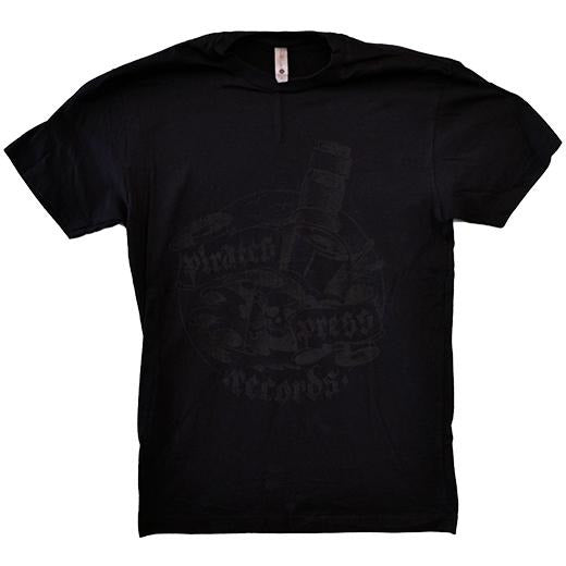 A black unisex T-shirt from Pirates Press Records features a subtle, faint graphic on the front with low-key text and elements that blend seamlessly into the dark fabric for an understated look.