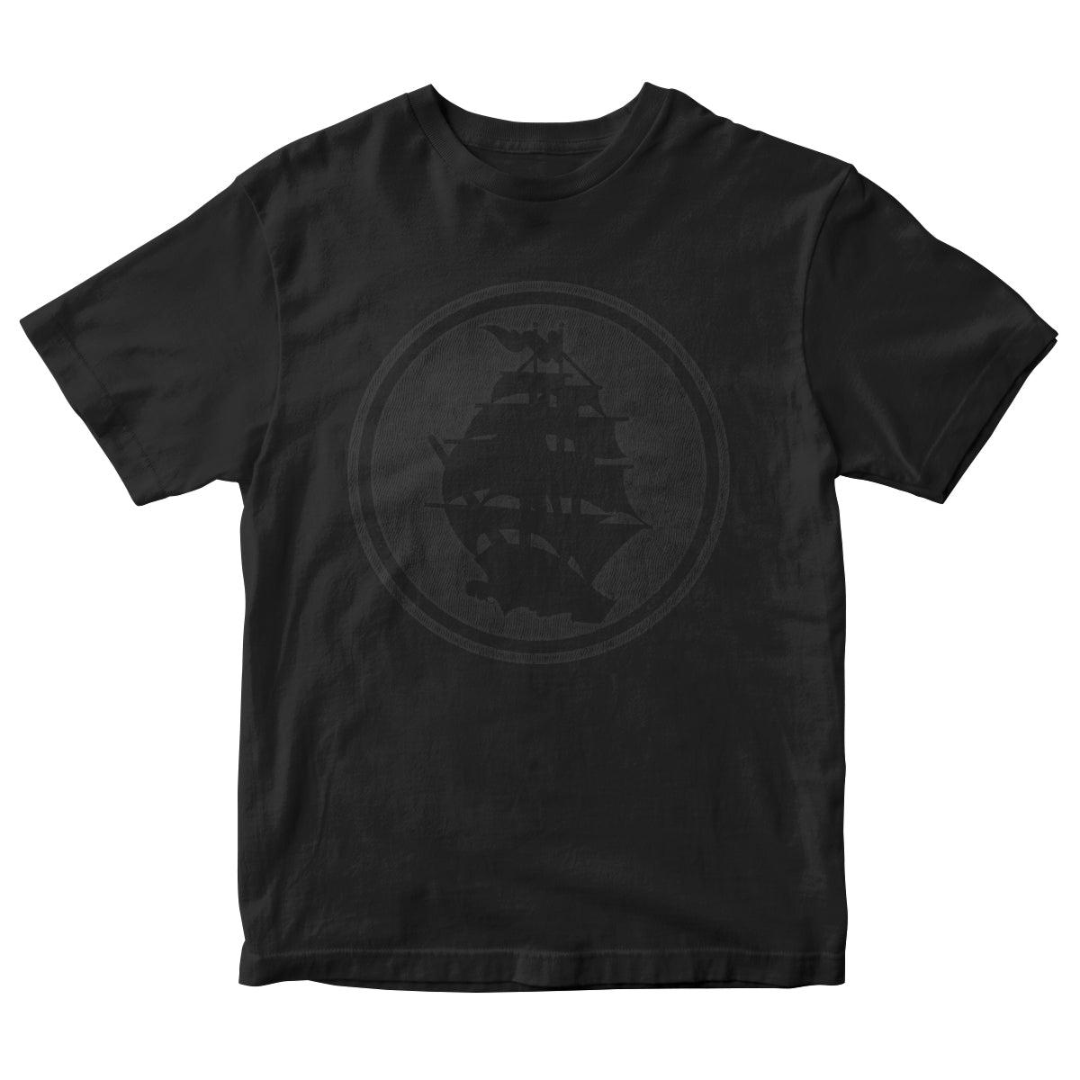 Black T-shirt by Pirates Press Records featuring a subtle Circle Logo with an old sailing ship silhouette, faded into the center for an understated look.